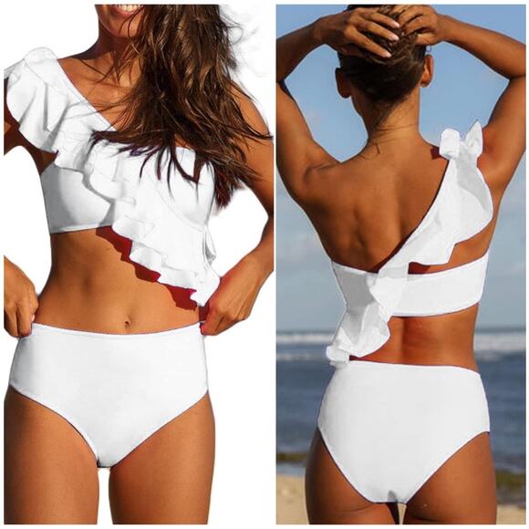 HILINKER White Ruffle One Shoulder High Waist Bikini Swimsuit Set | Medium - Picture 1 of 7